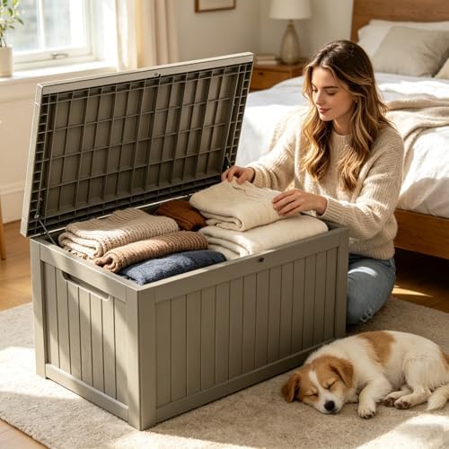 MAKINO 275 Gallon Resin Outdoor Storage Box, Waterproof Deck Box with Lockable Lid, Outside Storage Box for Patio Furniture, Pool Accessories, Garden Tools, Storage Bench for Backyard, Gray Brown