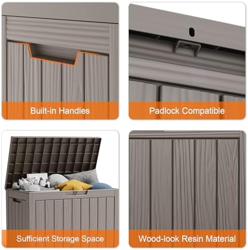 PatioZen 45 Gallon Resin Deck Box,Waterproof Outside Storage Boxes, Patio Outdoor Storage Box for Furniture, Garden Tools and Tools Storage, Grey
