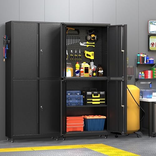Metal Cabinet with Wheels,72.8" H Rolling Tool Storage Cabinet with Locking Doors and Adjustable Shelves,Garage Organization Cabinets,Lockable Storage Cabinet on Wheels for Garage,Warehouse (Black)