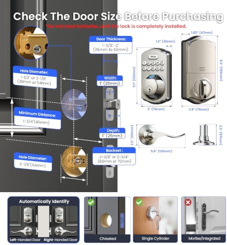 Veise VE012W-B Smart Wi-Fi Deadbolt Lock with Handle Set, Satin Nickel