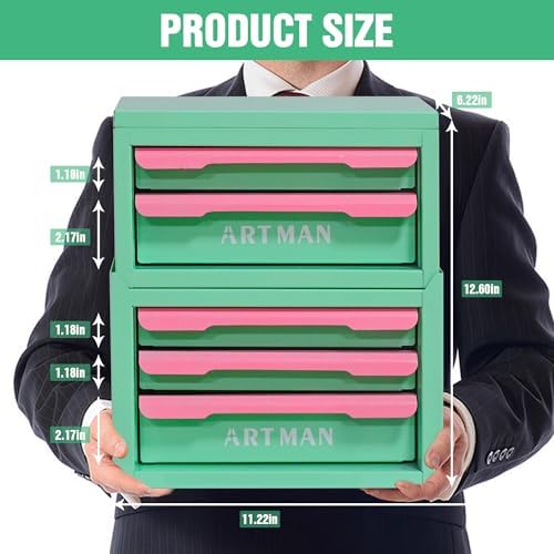 Mini Metal Tool Box, 2+3 Layer Portable Steel Small Tool Chest Cabinet,Stackable Desktop Organizer,Makeup & Stationery Storage Drawers with Handles for Home Office Workshop(Creamy Green & Pink)