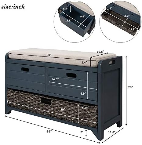 SOFTSEA Storage Bench with Drawers and Basket, Farmhouse Shoe Bench with Seating and Cushion for Hallway Entryway Living Room, Full Assembled, Navy
