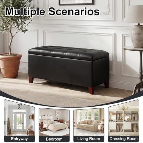 Asense Storage Ottoman Bench, 33" Faux Leather Upholstered End of Bed Bench with Safety Hinge,Wooden Legs,for Entryway Bedroom Living Room,Black