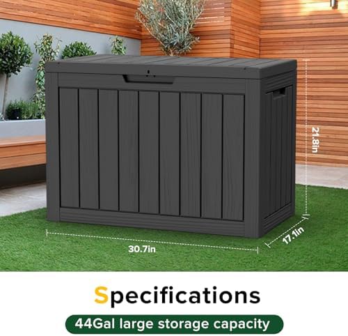 44 Gallon Outdoor Deck Box, Lockable Waterproof Outdoor Storage Boxes For Garden Tools,Indoor Cushions,Accessories Outside Storage Resin Weatherproof Container(Black)