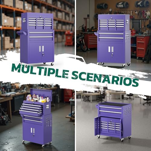 Greenvelly 8-Drawer Tool Chest with Wheels, Pre-Assembled Rolling Tool Chest, Detachable Top Tool Box, Lockable Design, Comes with Drawer Liners & Side Hooks for Garage Workshop Repair Room (Purple)