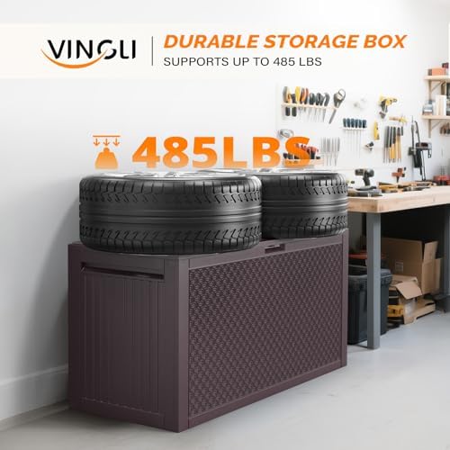 VINGLI 90 Gallon Lockable Durable Outdoor Storage Box, Brown