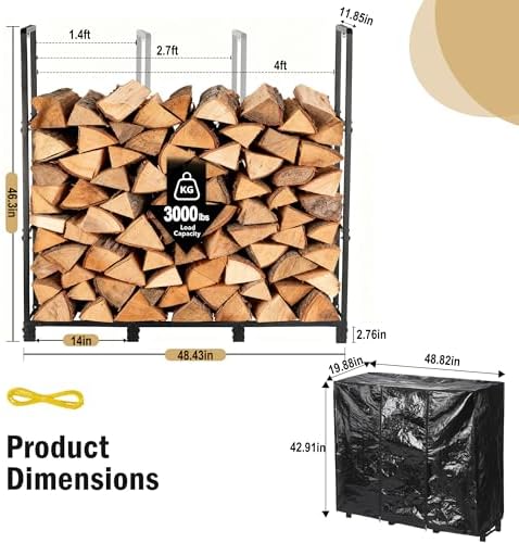 facka 4FT Firewood Rack Outdoor with Cover, Metal Wood Rack