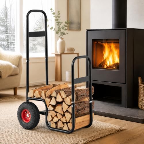 Goplus Firewood Cart with Wheels, Outdoor Indoor Rolling Fire Wood Log Cart with Pneumatic Rubber Tiers, 220 LBS Load Capacity Heavy Duty Steel Wood Storage Hauler, Log Holder Rack for Fireplace