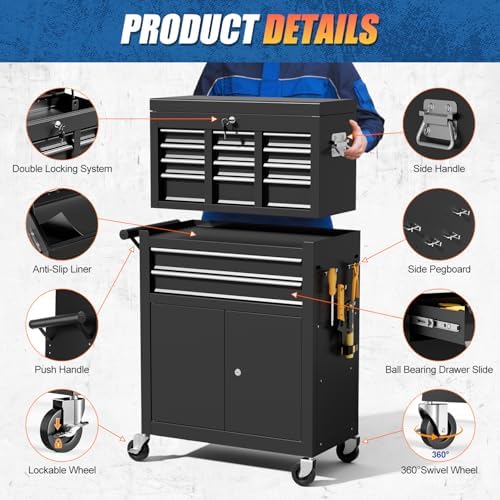 10-Drawer Rolling Tool Chest with wheels, Lockable 2-in-1 Tool Box
