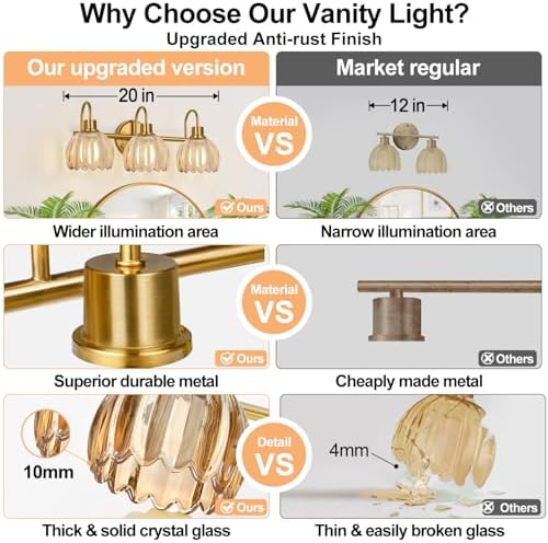 Bathroom Light Fixtures, 3-Light Brushed Gold Vanity Lights for Bathroom with Ribbed Amber Tulip Glass Shade, 20 in Bathroom Vanity Lights Over Mirror for Bedroom, Living Room, Hallway