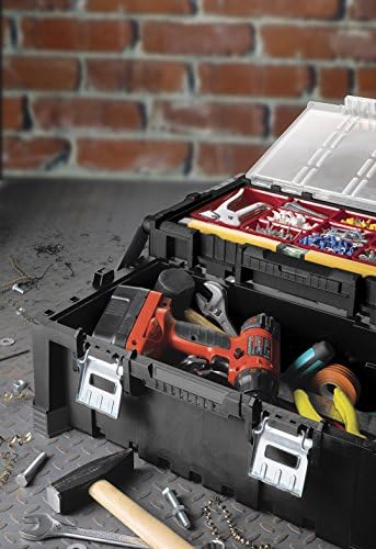KETER 22 Inch Cantilever Plastic Portable Tool Box Organizer with Metal Latches for Small Parts, Hardware and Tool Storage and Organization