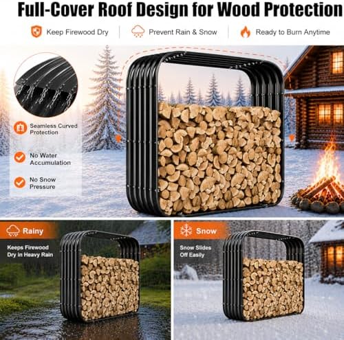 49in Firewood Rack with Cover Roof, Waterproof Heavy Duty Metal Log Holder for Indoor Outdoor Fireplace, Galvanized Steel Fire Wood Storage for Backyard Porch Deck