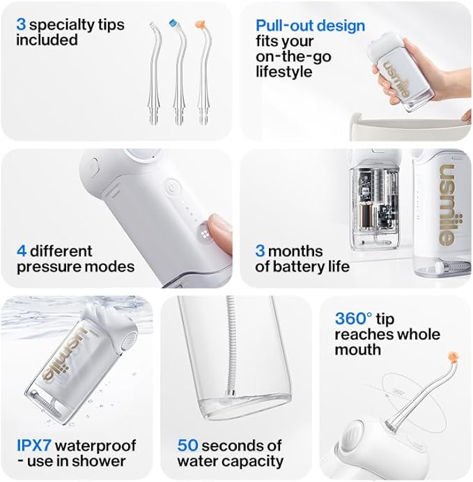 usmile C10 Portable Water Flosser – Travel-Friendly, 95-Day Battery, 4 Modes