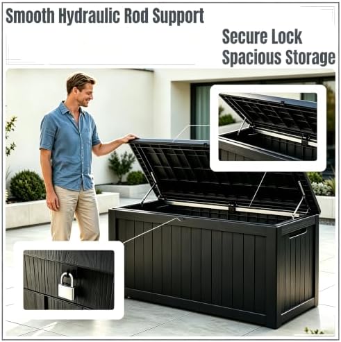 199 Gallon Large Resin Outdoor Storage Box, Waterproof Deck Box with Lockable Lid, Outside Storage Box for Patio Furniture, Pool Accessories, Garden Tools, Storage Bench for Backyard, Porch, Black
