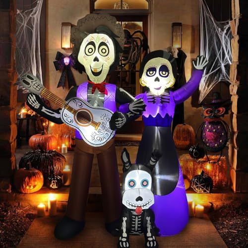 6 FT Halloween Inflatables Decoration, Blow Up Yard Decorations, Day of The Dead Spooky Sugar Skull Couple Guitar and Skeleton Dog, Dia De Los Muertos Décor with Built-in LED for Outdoor