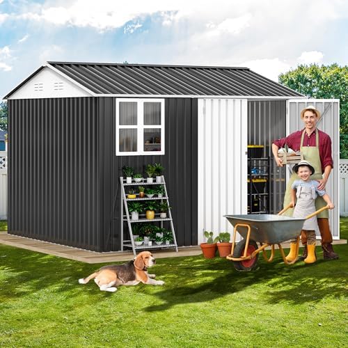 DWVO 10x8ft Metal Outdoor Storage Shed with Window, Lockable Tool Storage Sheds, Oversized Steel Garden Sheds with Sloped Roof for Backyard, Patio, Garage, Lawn (Gray + White)