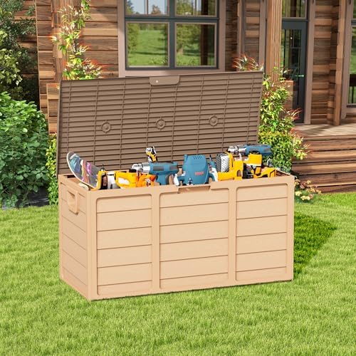 75 Gallon Outdoor Deck Box - Heavy Duty Resin Storage with Lockable Lid, UV Resistant for Patio Furniture Cushions, Pillows (Brown)