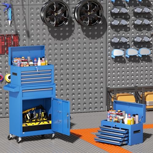 INTERGREAT Rolling Tool Chest, 5-Drawer Tool Box Organizer, Lockable Wheels & Sliding Drawers & Detachable Top, Tool Storage Cabinet for Garage Workshop (Blue)