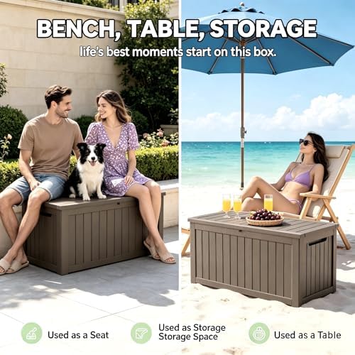 Outdoor Storage Box Resin Deck Box Waterproof Gray Brown 182 Gallon