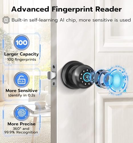 Anweller Smart Door Knob with Lock, Fingerprint Code Keypad Keyless Entry Electronic Digital Biometric Bluetooth App Control Doorknob for Bedroom Interior Apartment Garage - Black
