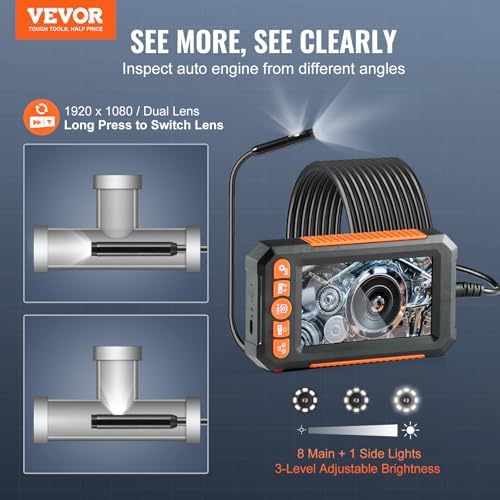 vevor endoscope camera with light, dual lens industrial shown in use