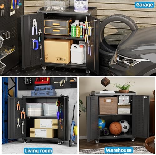 Reemoon 31.5" H Rolling Metal Storage Cabinet with 2 Doors & Pegboard,Black