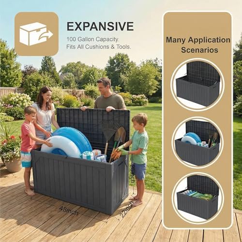 100 Gallon Outdoor Storage Bench - Waterproof Deck Box with Lock, UV Resistant Resin, Patio Furniture & Garden Tool Organizer, 400lb Capacity, Easy Assembly (Grey, 1 Pack)
