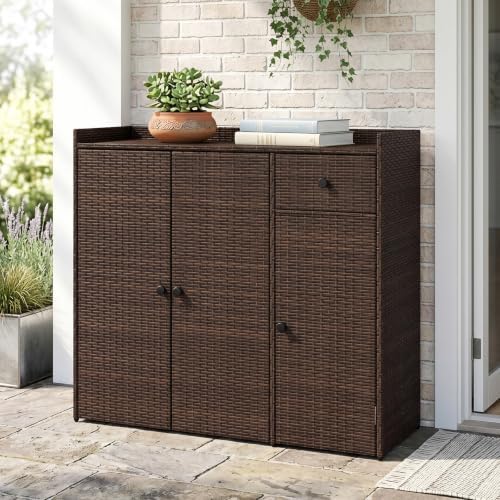Tangkula Rattan Outdoor Storage Cabinet with 2 Adjustable Shelves