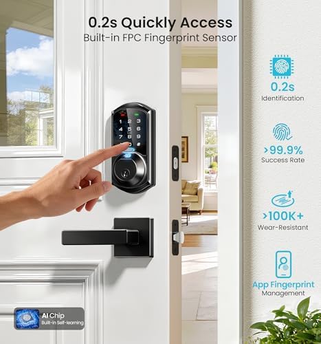 Veise VE07-L Fingerprint Smart Lock with 2 Lever Handles Set, Matte Black