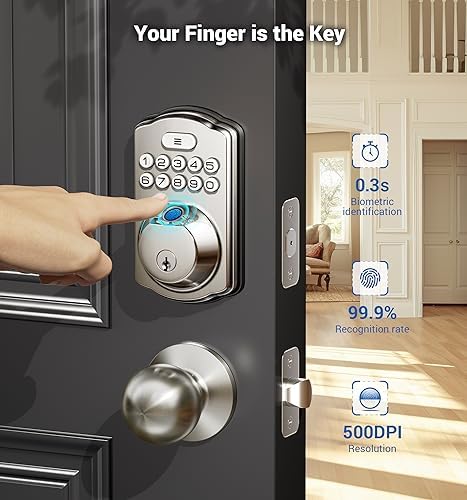 Veise Fingerprint Door Lock with 2 Door Knobs and Veise Fingerprint Door Lock with 2 Door Levers - Satin Nickel