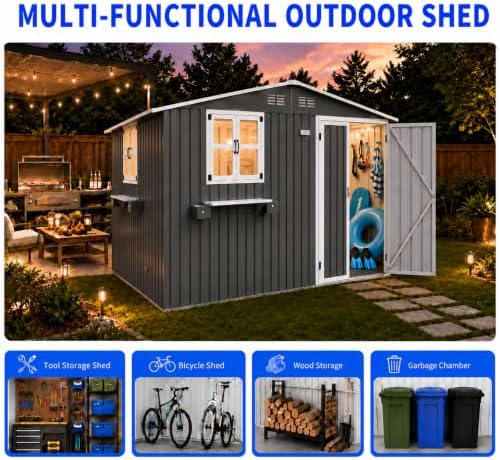 10x8 FT Outdoor Storage Shed with 2 Clear Windows, Metal Garden Shed with Flower Racks & Baskets, Outside Tool Shed with Lockable Double Doors, Waterproof Storage Building for Backyard, Coal Gray