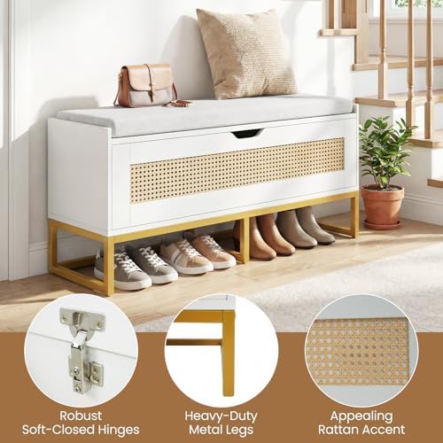 Giantex Rattan Shoe Bench, Flip-Top Entryway Bench with Removable Padded Seat & Hidden Storage, Wooden Shoe Storage Chest with Metal Legs for Bedroom, Hallway, 440 lbs Max Load (White & Gold)