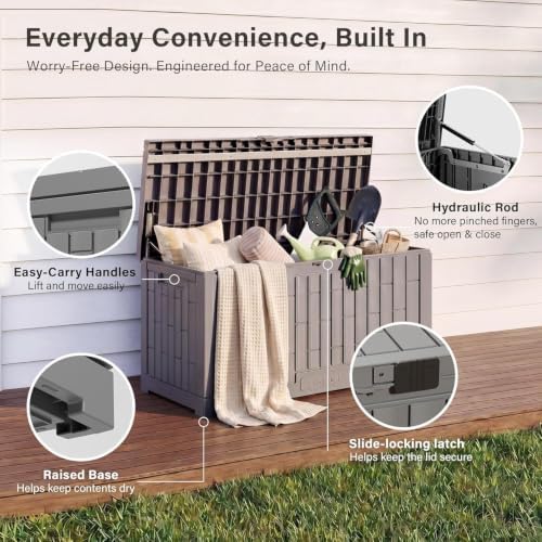 EAST OAK Outdoor Storage Box, 80 Gallon Deck Box, Waterproof Resin Storage Bin for Patio Cushions, Gardening Tools, Lockable, UV Resistant, Ash Grey