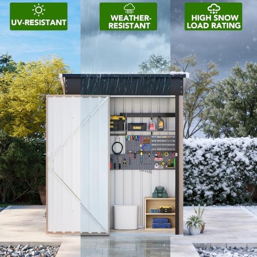 MXV 5x3 FT Outdoor Metal Storage Shed, Lockable Galvanized Steel Tool House with Sloped Roof, Waterproof Shed for Backyard, Garden, Patio, Brown