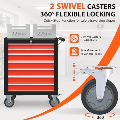 7-Drawer High Capacity Rolling Tool Box, Removable Cabinet Storage Tool Chest with Wheels and Drawers, Detachable Toolbox with Lock for Mechanics Garage Workshop and Tool Room (Black&red)