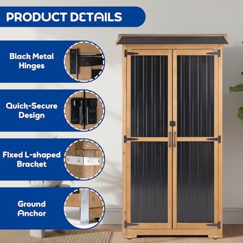 Outdoor Storage Cabinet Weather-Resistant, Wood & Metal Storage Shed with 3 Removable Shelves, Waterproof Roof, Adjustable Feet, Patio Storage Cabinet Outside for Garden Garage Backyard Pool