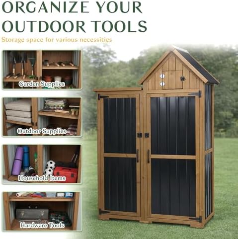 Outdoor Storage Cabinet Weatherproof with 3 Adjustable Shelves, 66'' H Wood & Metal Storage Shed with Lockable Doors & Waterproof Roof, Outside Garden Tool Sheds, Brown