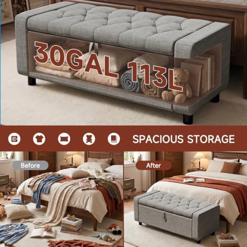 46" Storage Ottoman Bench, 30Gal Linen Tufted, End of Bed Bench