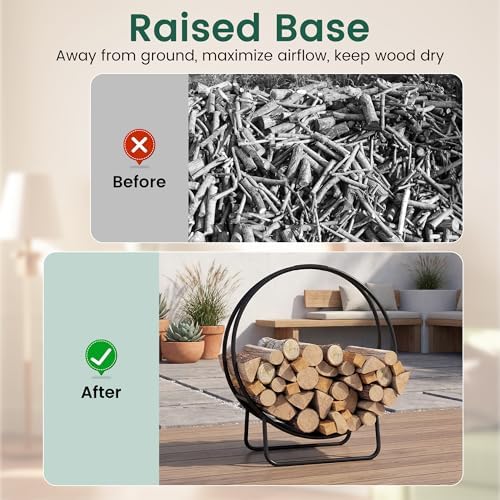 HAPPYGRILL 20” Firewood Log Hoop, Heavy Duty Metal Firewood Rack w/U-shaped Stand, Indoor Outdoor Round Wood Storage Holder for Fireplace, Patio, Deck, Backyard, Black Powder Coated, No Assembly