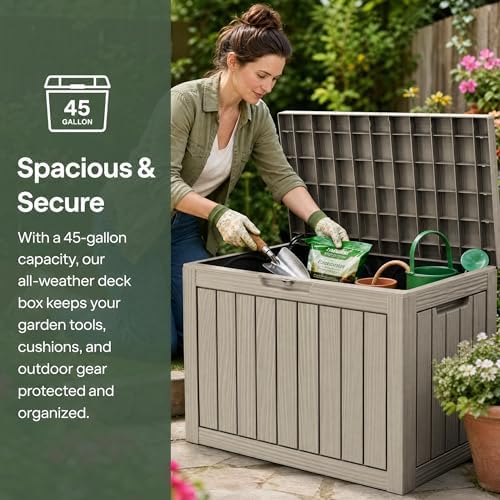 Outdoor Storage Box Resin Deck Box Waterproof Gray Brown 51 Gallon