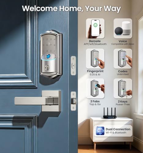 Veise VE027-L WiFi Smart Lock with Handles Set for Front Door, Satin Nickel