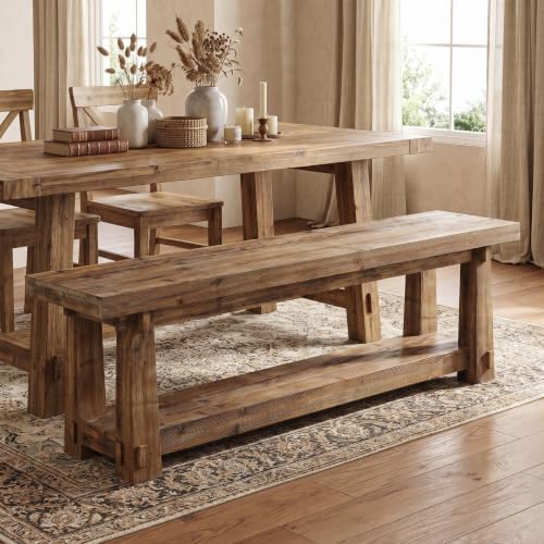 55" Wood Entryway Bench with Shoe Storage, Rustic Dining Bench