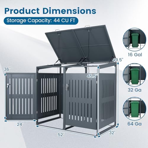 Goplus 44 Cu.Ft Outdoor Trash Can Storage, Garbage Can Hider Outdoor with 2 Lockable Doors Gas Struts & Shock Absorbers, Slant-roof Outdoor Storage for Patio, Backyards, Yard & Garden (52"x32"x49.5")
