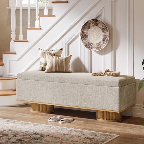 Tribesigns 50.39" Storage Bench with Padded Seat Cushion, Upholstered Shoe Bench with Flip Up Storage for Bedroom, Living Room, Entryway, Load up to 330 lb, Beige + Wood Color