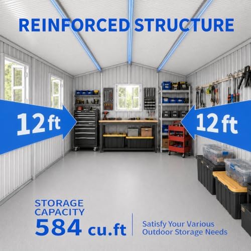 12x10 FT Outdoor Storage Shed with 3 Clear Windows, Metal Garden Shed with Flower Rack & Basket, Outside Tool Shed with Lockable Single Door, Waterproof Storage Building for Backyard, Coal Gray