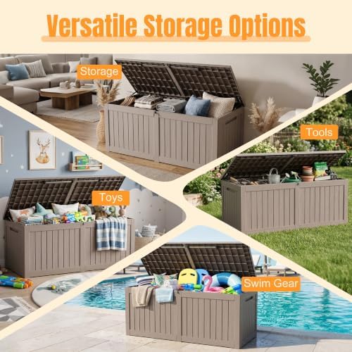 Outdoor Storage Box, 370 Gallon Waterproof Resin Deck Box with Support Rod