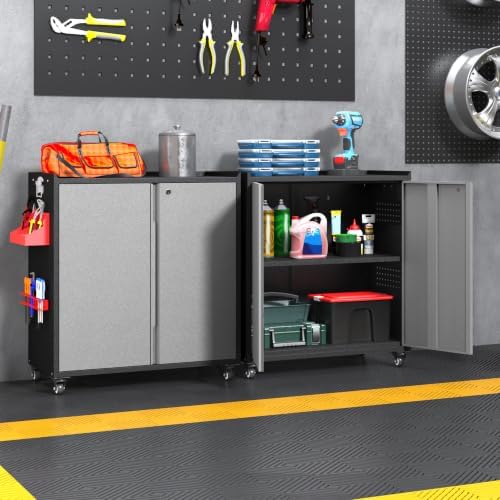 Metal Garage Storage Cabinet with Locking Doors and Adjustable Shelves,34.3" H Small Rolling Tool Storage Cabinet,Lockable Metal Tool Cabinet on Wheels for Garage, Warehouse, Barbershop-Black Gray