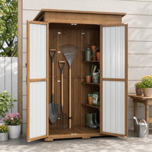 Outdoor Storage Cabinet, 51.4" W x 22.5" D x 70.5" H Tall Wood & Metal Garden Tool Shed with Fold-Out Table, 3 Fixed Shelves, Lockable Doors, Asphalt Roof for Patio, Backyard, Garage