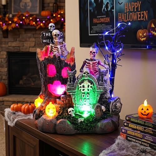 Valery Madelyn Halloween Decorations, Lighted Halloween Village with Music and LED Lights, Resin Spooky Tree and Skeleton Gravestones Scene Haunted House for Home and Party Table Desk Mantel, 8 Inch