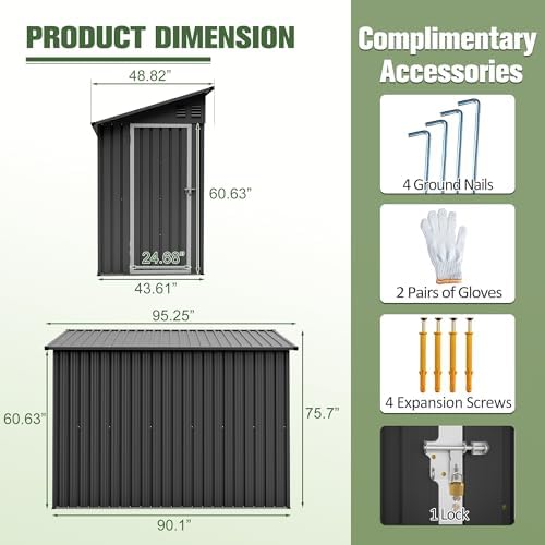 YOPTO 4x8 FT Lean to Outdoor Storage Shed,Metal Shed W/Floor Frame & Reversible Installation,All Weather Waterproof Garden Tool House W/Lockable Door & 2 Air Vents,for Backyard,Patio,Lawn,Black